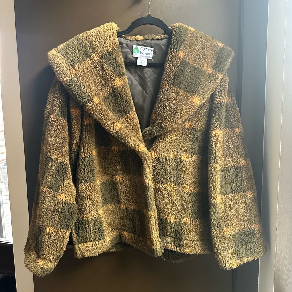 Cotton & Beyond Green Plaid Sherpa Jacket Faux Shearling Coat Size L